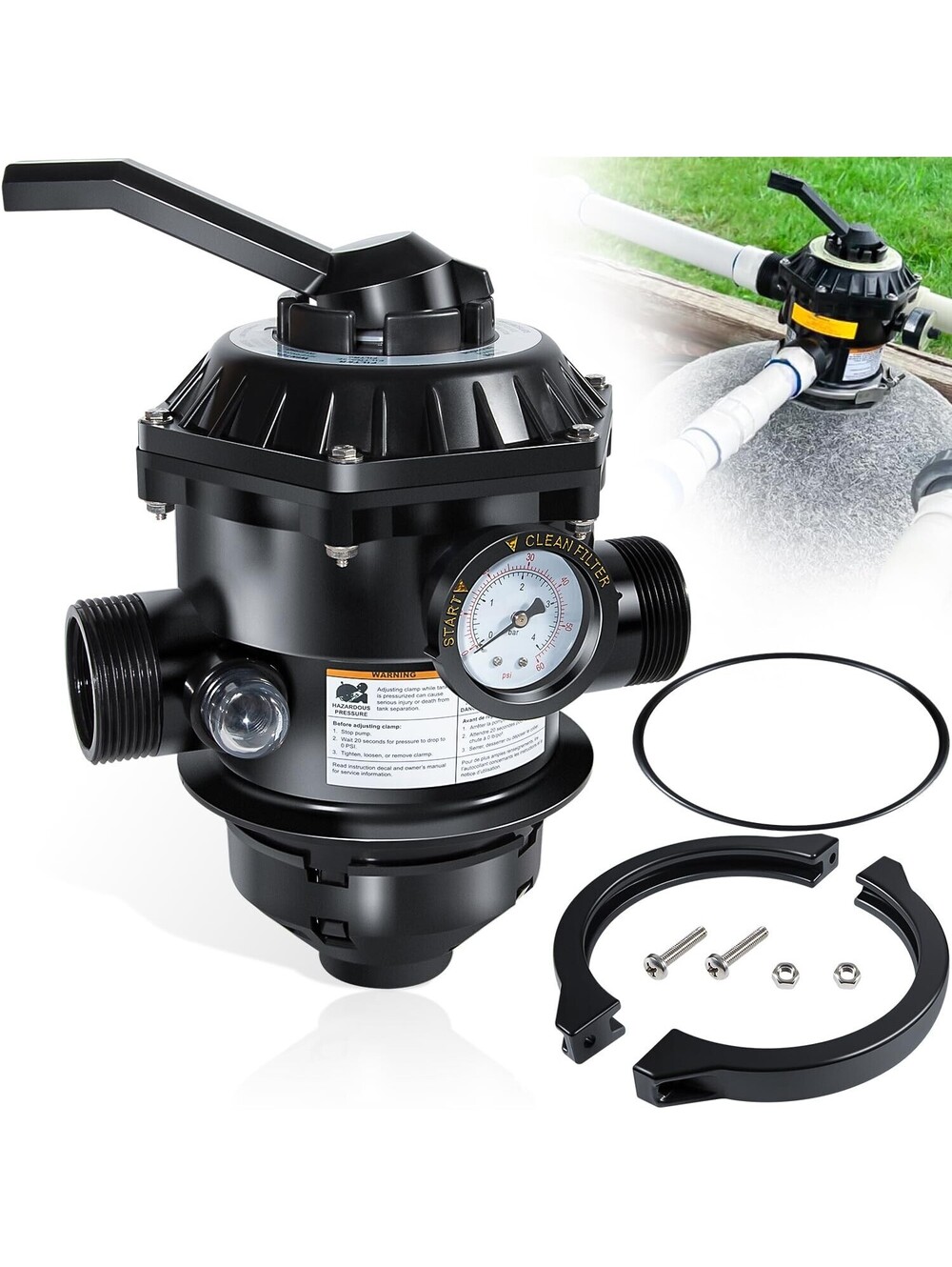 Sta-Rite 262506 6-Way Top Mount Clamp Style Control Valve with Gauge for Pool &